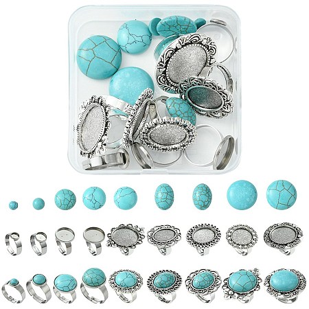 DIY Adjustable Oval/Half Round Synthetic Turquoise & Stainless Steel & Iron Finger Rings Making Kits DIY-FS0006-13-1