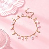 Natural Aquamarine Chip & Round Shell Pearl Cross Tassel Anklets AJEW-AN00716-01-1