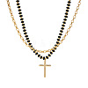 Stainless Steel Religion Cross Pendant Natural Gemstone Rondelle Beaded Double Layer Necklaces for Women PO2692-1-5