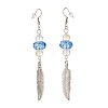 Feather with Round Beads Long Dangle Earrings for Girl Women EJEW-JE04681-01-3