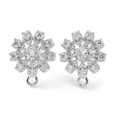 Hollow Flower Brass Micro Pave Cubic Zirconia Stud Earrings Finding KK-E083-07P-1