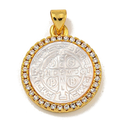 Rack Plating Brass Micro Pave Clear Cubic Zirconia Flat Round Pendants KK-U025-10G-07-1