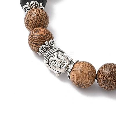 Natural Wood & Lava Rock Round Beads Stretch Bracelets BJEW-JB12353-02-1