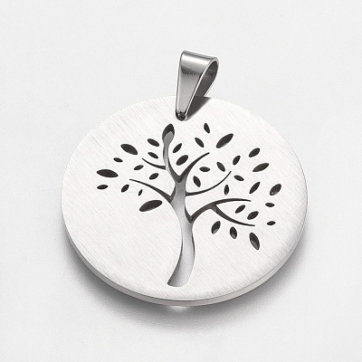 Non-Tarnish Trendy Flat Round with Tree Necklace Findings 304 Stainless Steel Textured Pendants STAS-L012-D09P-1