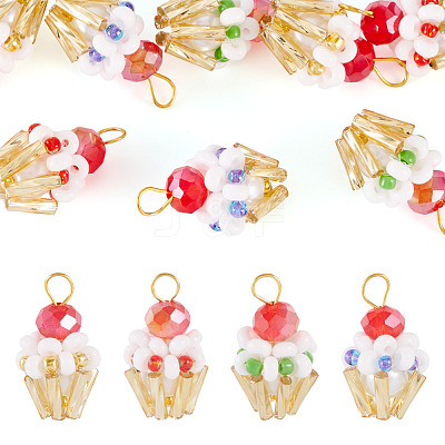 8Pcs 4 Colors Glass Seed Beaded Cupcake Pendants FIND-TA0009-15-1