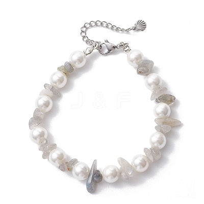 Natural Labradorite Chip & Glass Shell Round Beaded Bracelets BJEW-JB12317-03-1