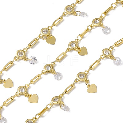 Brass Rectangle & Cubic Zirconia Flat Round Link Chains CHC-P010-02G-1
