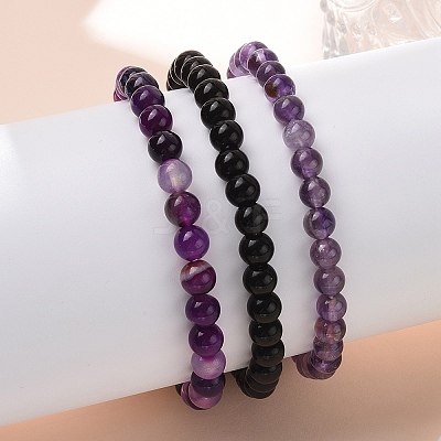 3Pcs 3 Style Natural Amethyst & Black Agate Round Beaded Stretch Bracelets Set PW23030762789-1
