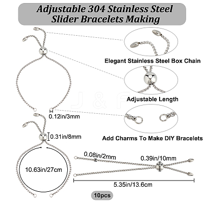10Pcs 304 Stainless Steel Slider Bracelet/Bolo Bracelets Making STAS-BBC0004-66-1