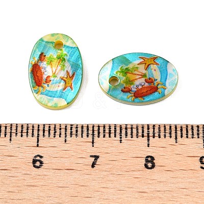 Natural Freshwater Shell Double Face Printed Oval Charms SHEL-T020-05B-1