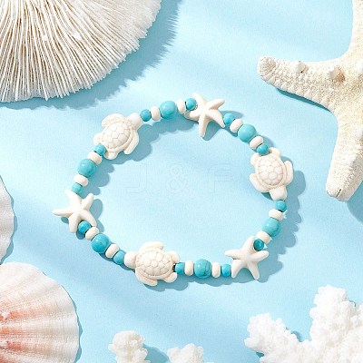 2Pcs Starfish & Turtle Synthetic Turquoise Beads Stretch Bracelets for Women BJEW-JB11921-1