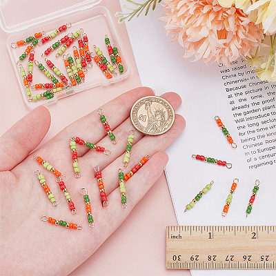 48Pcs 12 Colors Glass Seed Beads & Brass Rondelle Beaded Connector Charms PALLOY-WR00011-1