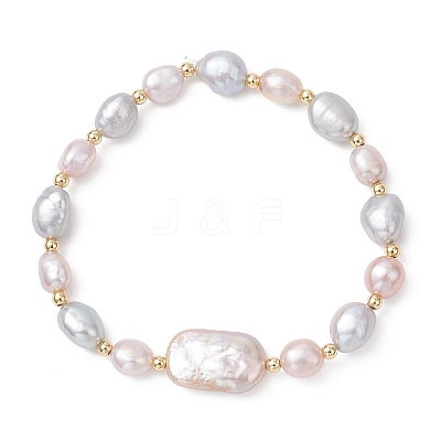 Natural Cultured Freshwater Pearl & Brass Beads Stretch Bracelet for Women BJEW-JB13209-1