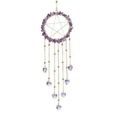 Wire Wrapped Natural Amethyst Chips Ring Hanging Ornaments HJEW-JM02371-06-1