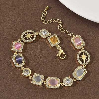 Brass Micro Pave Cubic Zirconia & Cat Eye Rectangle & Square & Oval Link Chain Bracelets for Women BJEW-G764-08G-1