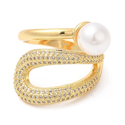 Rack Plating Brass Teardrop Cuff Ring with Plastic Pearl Beaded RJEW-D004-02G-1