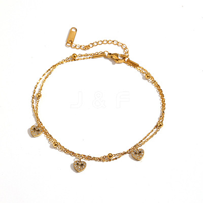 304 Stainless Steel Crystal Rhinestone Triple Heart Charm 2-Strand Anklets for Women WG509DE-01-1
