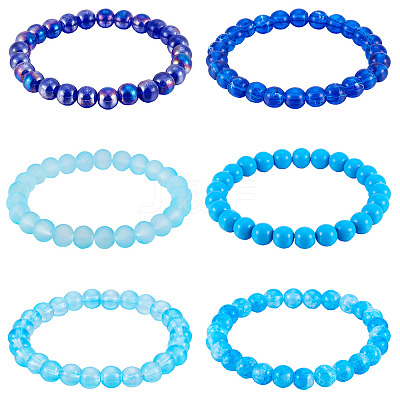 6Pcs 6 Styles 8mm Glass Round Beaded Stretch Bracelet Sets BJEW-TAC0021-1