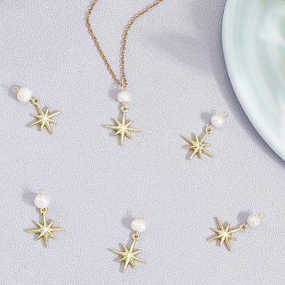 6Pcs Brass & Natural Pearl Star Pendants KK-BBC0019-33-1