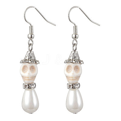 Synthetic Turquoise and Shell Pearl Skull Dangle Earring EJEW-TA00447-1