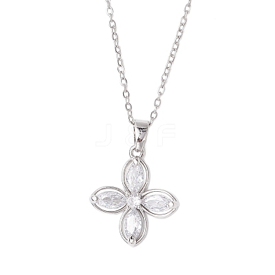 Flower Brass Pave Clear Cubic Zirconia Pendant Necklaces NJEW-JN05287-1