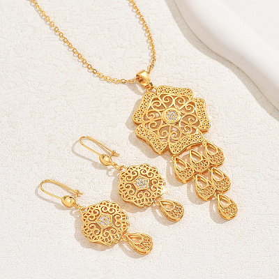 Simple and Stylish 18K Gold Plated Brass Flower Pendant Necklace & Dangle Earrings Set for Women ER9796-1