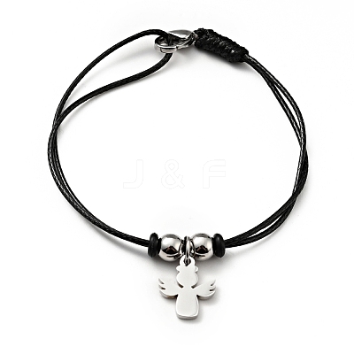 304 Stainless Steel Angel Charm Bracelet with Waxed Cord for Women BJEW-A125-16-1