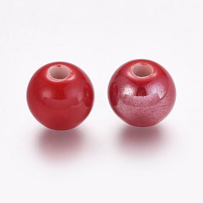 Pearlized Red Handmade Porcelain Round Beads X-PORC-D001-10mm-15-1