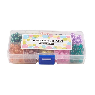 Mixed Baking Paint Crackle Glass & Glass Pearl Bead Sets HY-X0009-8mm-12-1