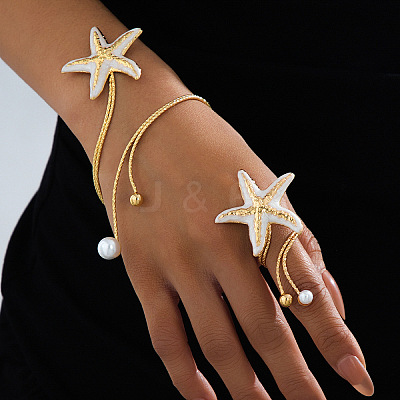 Starfish Iron Enamel & Plastic Imitation Pearl Cuff Bangles & Cuff Rings Sets for Women WG59046-02-1