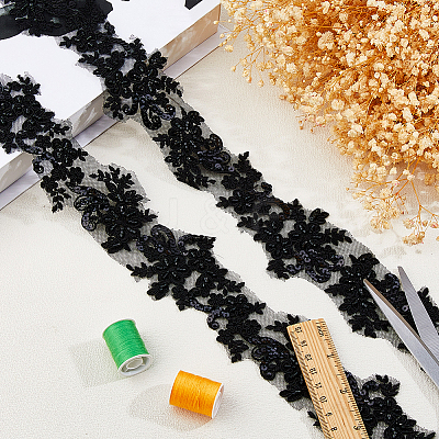 2Yards Polyester Flower Embroidery Lace Trim with Glass Beads OCOR-DC0001-27B-1