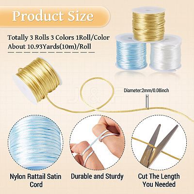 3 Rolls 3 Colors Nylon Satin Rattail Cords NWIR-TA0001-45A-1