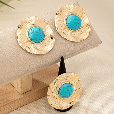 Flat Round Alloy & Synthetic Turquoise Ring & Stud Earring Sets FS-WG73FC1-02-1