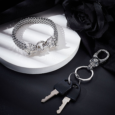 Wolf Alloy Wheat Chain Bracelets & Skull Stainless Steel Keychain Clasps Sets SJEW-GA0001-04-1