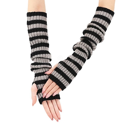Stripe Acrylic Fibers Knitting Long Fingerless Gloves PW-WG9BE2E-17-1