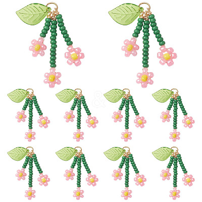 10Pcs Glass Seed Beaded Flower Pendants PALLOY-SZ00069-1
