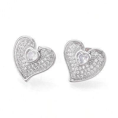 Heart Brass Pave Clear Cubic Zirconia Stud Earrings EJEW-M258-32P-1
