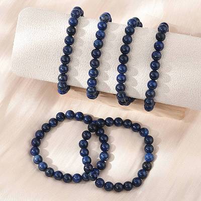 Natural Lapis Lazuli Round Beaded Stretch Bracelet BJEW-F203-06-1