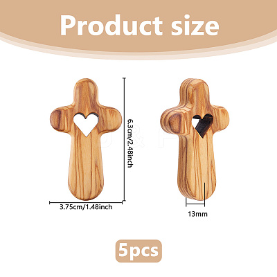 5Pcs Wood Cross with Heart Ornaments AJEW-DC0003-55-1