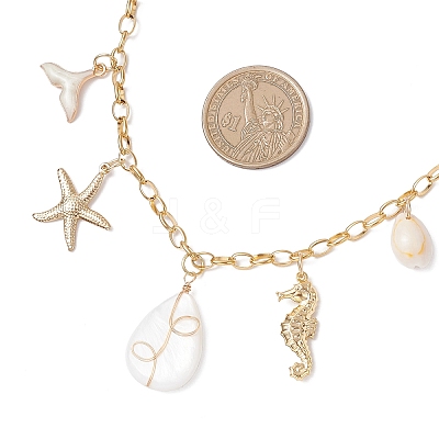 Alloy Enamel Whale Tail Starfish & Natural Shell Teardrop Pendant 304 Stainless Steel Cable Chain Necklaces for Women NJEW-JN05407-01-1