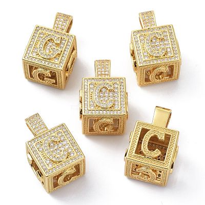 Alphabet Brass Micro Pave Clear Cubic Zirconia Pendants ZIRC-O045-01G-C-1