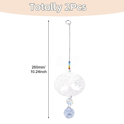 2Pcs 201 Stainless Steel Tree of Life Shape & Rainbow Crystal Glass Hanging Suncatcher HJEW-TA00446-1
