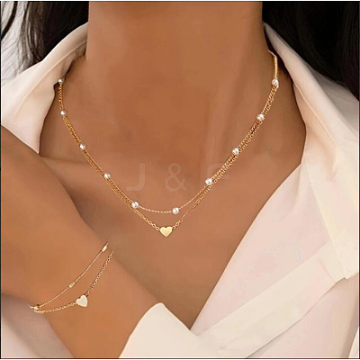 Heart Alloy & Plastic Imitation Pearls Round Beaded Necklaces & Double Layer Bracelets Sets FS-WGC2DB5-01-1