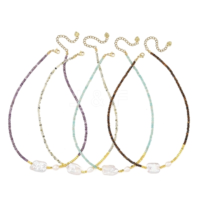 Rectangle Natural Baroque Keshi Pearl and Faceted Round Natural Mixed Stone Beaded Necklaces for Women NJEW-JN06682-1