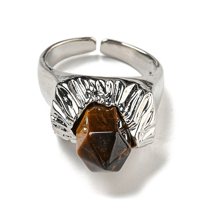 Hexagonal Prism Natural Tiger Eye Open Cuff Rings RJEW-B106-01P-06-1