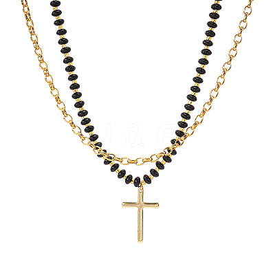 Stainless Steel Religion Cross Pendant Natural Gemstone Rondelle Beaded Double Layer Necklaces for Women PO2692-1-1