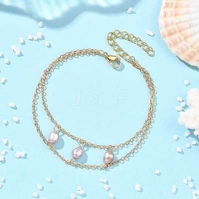 Brass Cable Chains & Rice Natural Cultured Freshwater Pearl Double Layers Bracelets for Women BJEW-JB14135-01-1