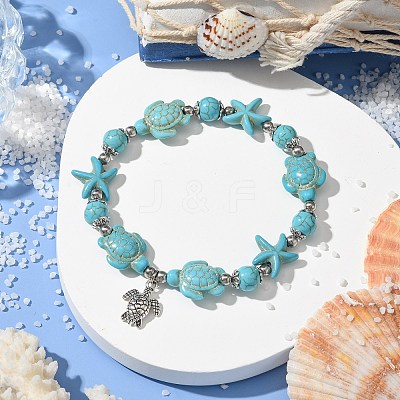 Starfish & Turtle Dyed Synthetic Turquoise Beaded Stretch Bracelets BJEW-JB10925-02-1