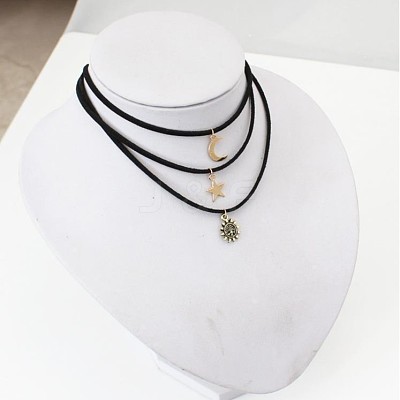3Pcs 3 Styles Moon Star Sun Alloy Pendant Faux Suede Cord Multi-Strand Choker Necklaces for Women FS-WG071C8-01-1
