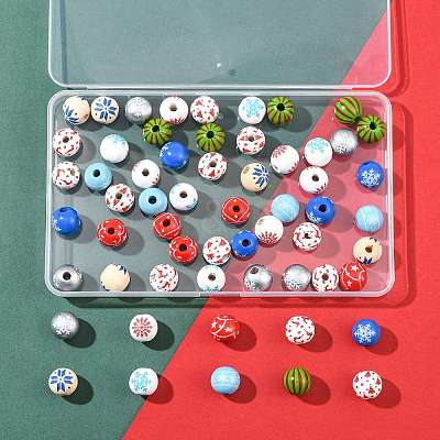 60Pcs 10 Styles Christmas Spray Painted Schima Wood Beads WOOD-FS0002-45-1